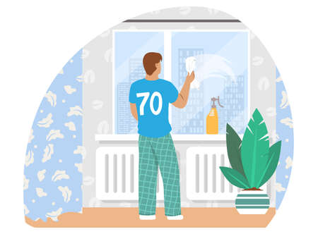 Man washing window in living room, vector illustration. Housework, household chores, housekeeping, house cleaning.のイラスト素材
