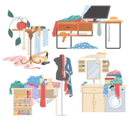 Scattered clothes, female stuff on desk, on washing machine, on table, vector isolated illustration. Mess, disorder.のイラスト素材