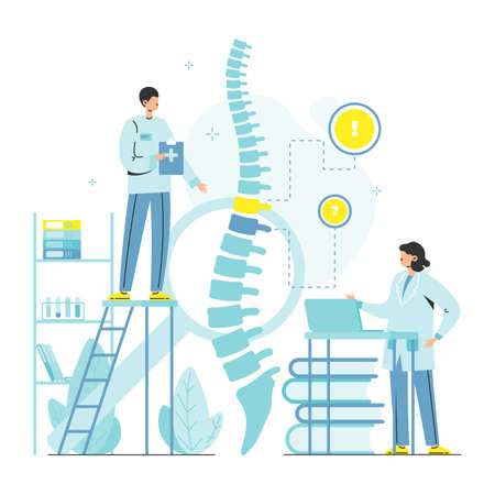 Doctor osteopath male female characters examining human spine skeleton. Osteopathy, chiropractic. Manual therapy, vectorのイラスト素材