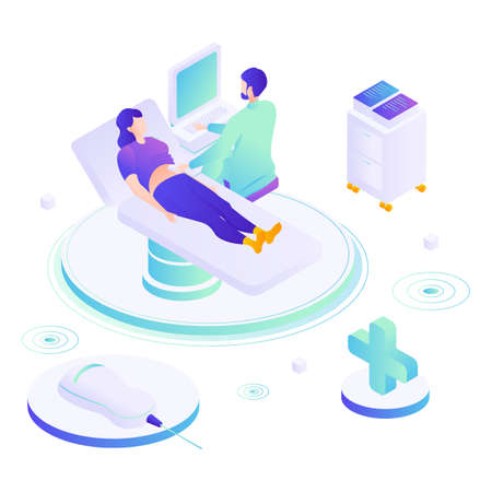 Doctor doing abdominal ultrasound scan to female patient lying on medical bed, flat vector isometric illustration.のイラスト素材