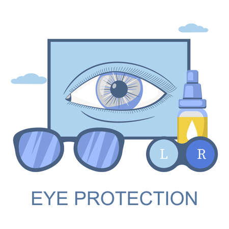 Contact lenses, eye drops, glasses, vector illustration. Vision correction, eye protection, ophthalmology.のイラスト素材