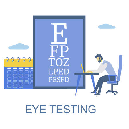 Online eye test chart. Man testing vision from home, flat vector illustration. Online eyesight and vision checkup.のイラスト素材