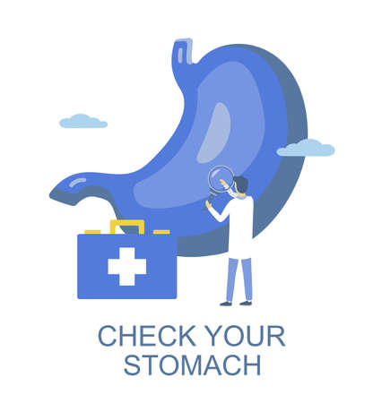 Stomach check up. Doctor examining human stomach pain, vector illustration. Gastroenterology. Digestive diagnostic.のイラスト素材