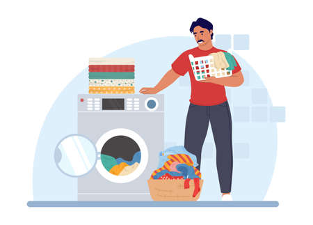 Man doing laundry in washing machine, vector illustration. Housework, household chores, housekeeping.のイラスト素材
