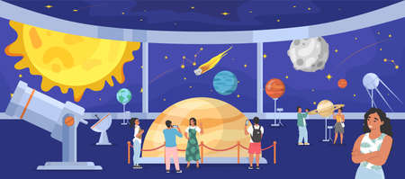 Planetarium, space museum. People looking at night sky with planets, stars, celestial bodies, listening to guide, vectorのイラスト素材