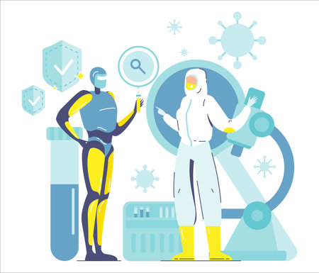 Robot and human in hazmat suit working in lab during coronavirus. Robots safety and superiority. AI vs human, vector.のイラスト素材