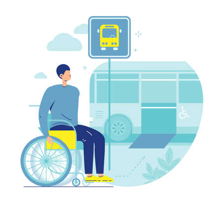 Man in wheelchair boarding city bus with access ramp. Public transport accessibility. Barrier free environment, vector.のイラスト素材
