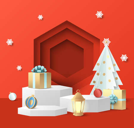 Display podium mockup set, gift boxes. Red paper cut Christmas studio for gift, cosmetic product advertising, vector.のイラスト素材