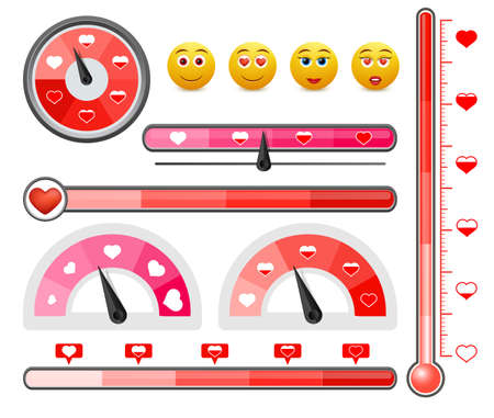 Love level meter set, vector isolated illustration. Love gauge, scale, thermometer with hearts.のイラスト素材