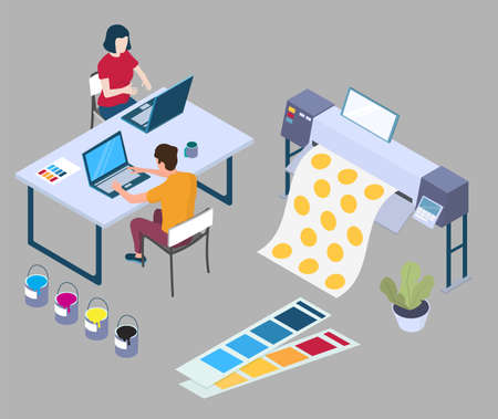 Ads banner print, vector isometric illustration. Printshop workers, equipment. Printing house, print...