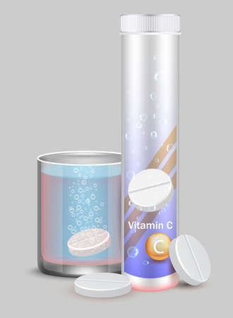 Plastic vitamin tube mockup, glass of water with fizzy pill, vector illustration. Effervescent soluble tablets.のイラスト素材