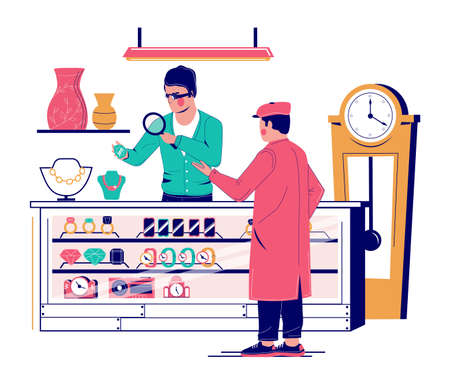 Pawn shop. Customer bringing expensive jewelry to pawnbroker looking at it under magnifying glass, vector illustration.のイラスト素材