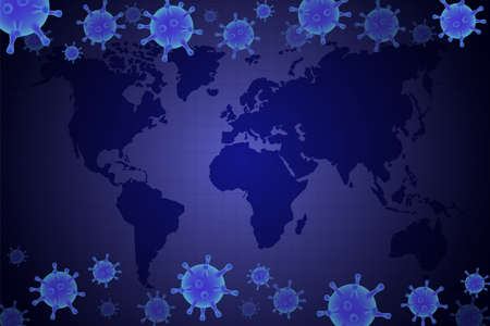 Covid-19 pandemic. World map, glowing corona virus cells, vector illustration. Global outbreak of...