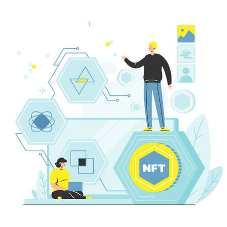 NFT artist selling digital artwork to art collector for cryptocurrency, vector illustration. NFT blockchain technology.のイラスト素材
