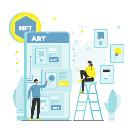 NFT artists selling digital artwork to buyer online, vector illustration. Crypto art. NFT blockchain technology.のイラスト素材