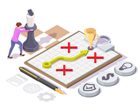 Woman moving king chess piece on chessboard, vector isometric illustration. Business strategy, leadership.のイラスト素材