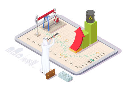 Arab businessman looking at raising oil chart through telescope, flat vector isometric illustration. Oil price growth.のイラスト素材