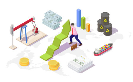 Crude oil price rise, vector isometric illustration. Oil pump, barrel, tanker, money, businessman, rising arrow chart.のイラスト素材