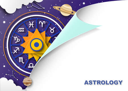 Zodiac wheel with twelve horoscope signs, planets, starry sky, constellations, vector paper cut illustration. Astrology.のイラスト素材