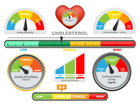 Cholesterol meter, color scale with arrow, vector isolated illustration. Low, normal and high level measuring device.のイラスト素材