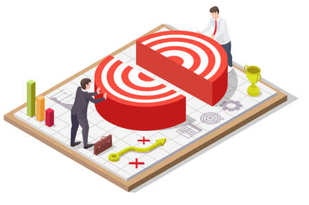 Business people connecting target pieces together, vector isometric illustration. Team work, collaboration, partnership.のイラスト素材