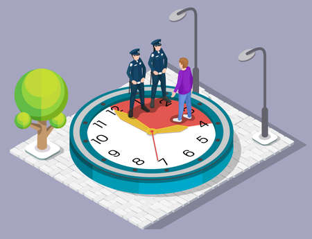 Police officers patrolling street to avoid curfew breaches, vector isometric illustration. Stay at...