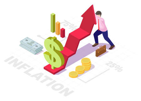 Businessman trying to keep dollar arrow chart from falling, flat vector isometric illustration. Economic inflation.のイラスト素材
