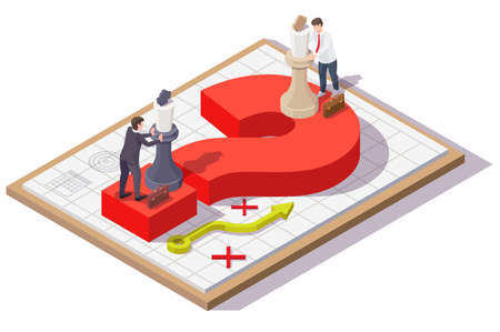 Business people moving chess pieces on question mark. Negotiation strategy and tactics, vector isometric illustration.のイラスト素材