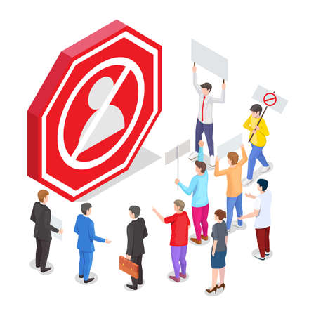 People with placards, vector isometric illustration. Cancel culture, boycott movement, social protest, strike.のイラスト素材