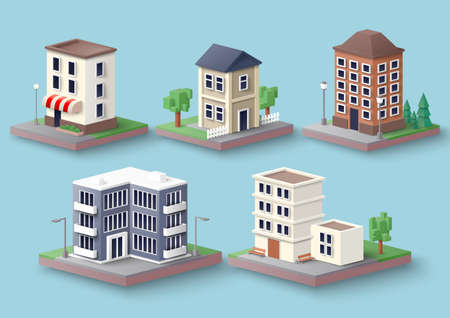 City apartment building set, vector illustration. Isometric multi story residential house exterior, home facade.のイラスト素材