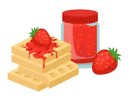 Belgian waffles with strawberry jam, vector illustration. Sweet tasty dessert. Breakfast menu.のイラスト素材
