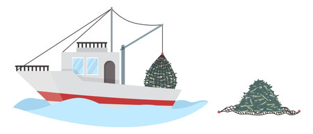 Fishing vessel pulling net full of sea fish out of water, vector illustration. Commercial fishing, seafood industry.のイラスト素材