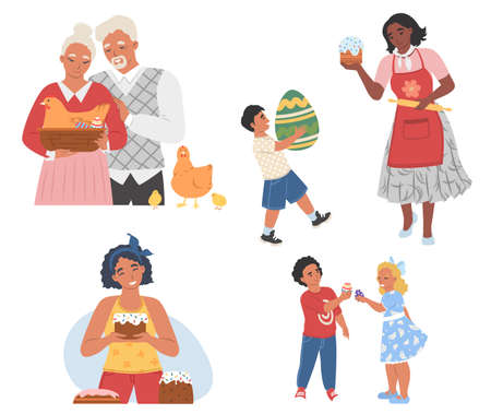 Family Easter celebration scene set, vector illustration. Spring season holiday with decorated Easter eggs, cake, basketのイラスト素材