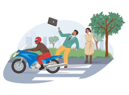 Motorcycle accident, vector illustration. Motorcyclist struck pedestrian on crosswalk. Road traffic accident.のイラスト素材
