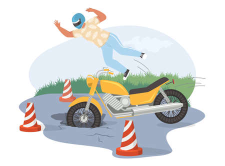 Motorcycle accident, vector illustration. Biker falling off motorcycle hitting pothole, driving into a hole in the road.のイラスト素材