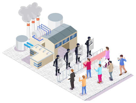 Group of protesters, eco activists protesting against air pollution. Rally, environmental protest, vector illustration.のイラスト素材