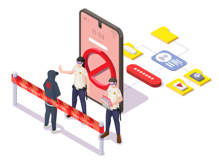 Mobile phone unauthorized access prevention, login password verification, data protection, vector isometric illustrationのイラスト素材