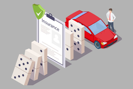 Car insurance policy stopping domino effect, vector isometric illustration. Auto safety and protection.のイラスト素材