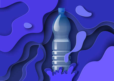Pure drink water poster template. Realistic plastic bottle, paper cut liquid splashes, vector illustration.のイラスト素材