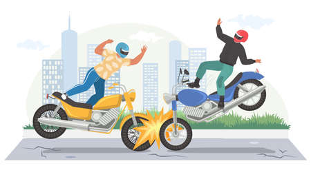 Motorcycle accident, vector illustration. Road crash. Two motorbikes collision. Road traffic accident.のイラスト素材