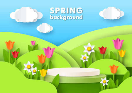 Product display podium mockup, paper cut green meadows, flowers. Spring background, pedestal, stage, vector illustrationのイラスト素材