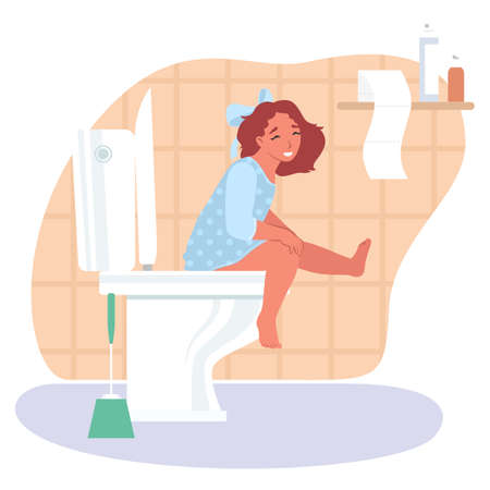 Kid girl sitting on toilet bowl, vector illustration. Toilet routine.のイラスト素材