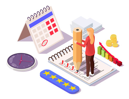 Woman marking checklist, tasks as completed, vector isometric illustration. Productivity, punctuality, task management.のイラスト素材