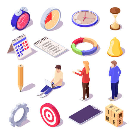 Time management isometric icon set, flat vector isolated illustration.のイラスト素材