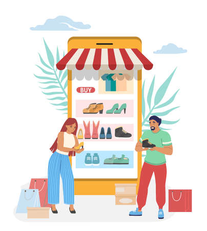 People choosing shoes in online shop, vector illustration. Internet store, mobile shopping, ecommerce.のイラスト素材