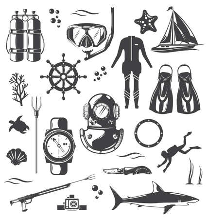 Scuba diving, snorkeling equipment and gear set, vector isolated illustration.のイラスト素材