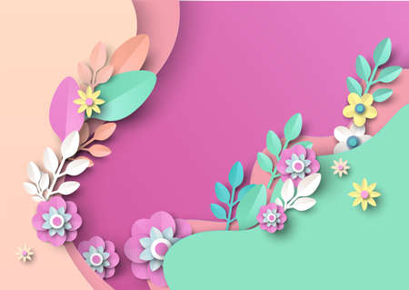 Paper cut flowers and leaves. Spring background. Floral poster, banner, flyer template, vector...