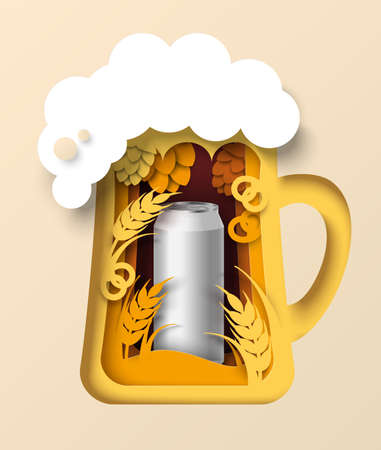 Paper cut beer mug with foam, wheat ears, hops, realistic aluminum can, vector illustration. Alcohol drink branding, adsのイラスト素材