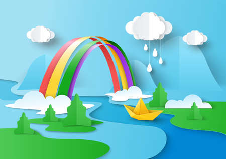 Rainy clouds in the sky, rainbow hanging over the river, boat floating on water, vector illustration in paper art style.のイラスト素材