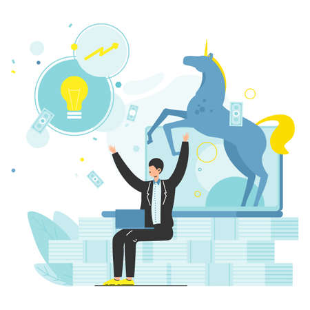 Unicorn company or unicorn startup, successful business, venture capital industry, vector illustration.のイラスト素材